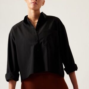 Athleta, New, Black Cropped Stretch Tech Button Front Top, Large